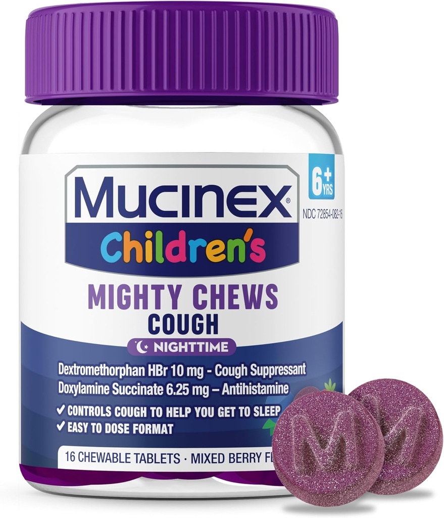 Mucinex Kinder-Mighty Chews Nighttime Kids Cough Medicine, leicht zu tun Cough Suppressant mit Dextromethorphan, Kinder Reisemedizin für Husten, gemischte Berry Flavor, 16 Medikamente Chewable Tablets