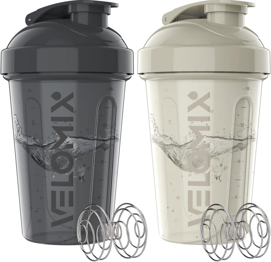 VELOMIX -2 Pack- 20 oz Protein Shaker Flaschen für Proteinmischungen - 2x Wire Whisk | Leak Proof Shaker Cups für Protein Shakes und Pre Workout | Protein Shaker Bottle Pack (Gray/White)