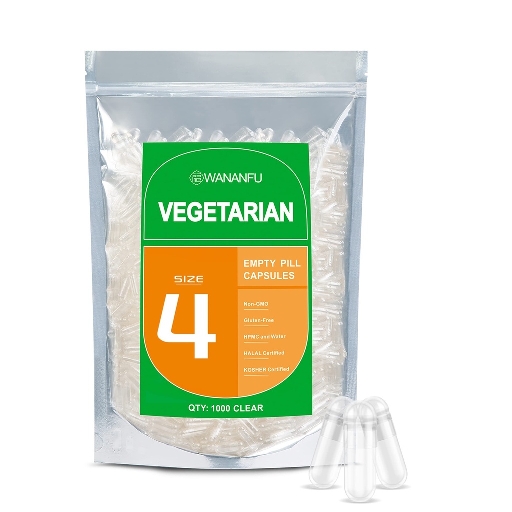 wananfu Größe 4 Leere Kapseln Vegetarisch (1000 Zähler), Klare füllbare Veggie Pillen Kapseln Größe 4 für Ihre eigenen Ergänzungen