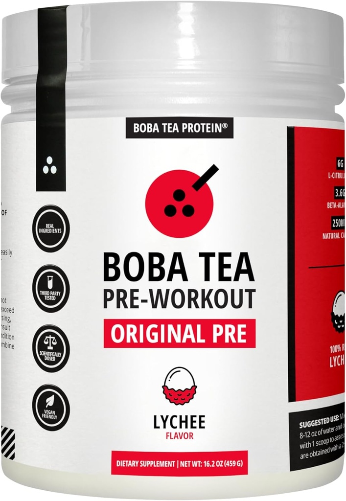Boba Tea Pre-Workout Pulver | Lychee Flavor | 125-250mg Koffein | L-Citrulline, Beta Alanine, Alpha-GPC | Real Ingredients | Premium Pre Workout Pulver für Männer und Frauen | 20-40 Servierungen