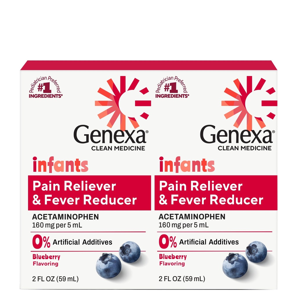 Genexa Infants' Clean Acetaminophen | Pediatrician Preferred Ingredients | Pain Reliever & Fever Reducer für Babys | Dye Free, 0% Künstliche Additive | Organic Blueberry Flavor, 4 fl oz (2 Pack)