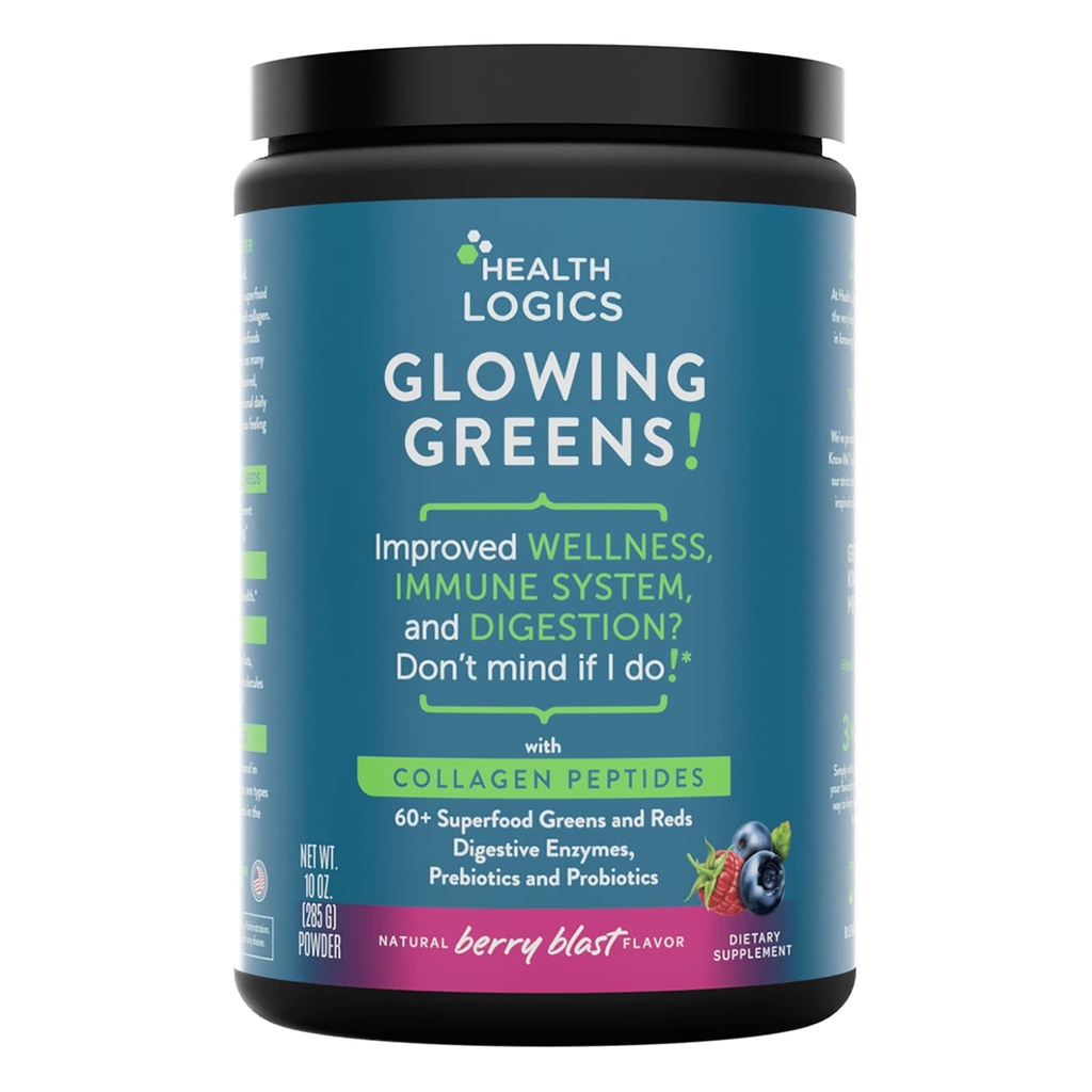Health Logics Glowing Greens Superfood Pulver mit Collagen Peptiden, Verdauungsenzymen, Präbiotika und Probiotika – Antioxidans, Verbesserung Wellness, Immun-, Verdauungs- und Gutgesundheitsunterstützung
