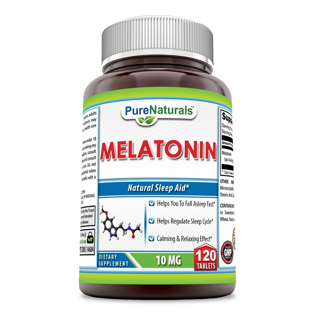Pure Naturals Melatonin Ergänzung | 10 mg pro Servieren | 120 Tabletten | Non-GMO | Gluten-Free | Made in USA