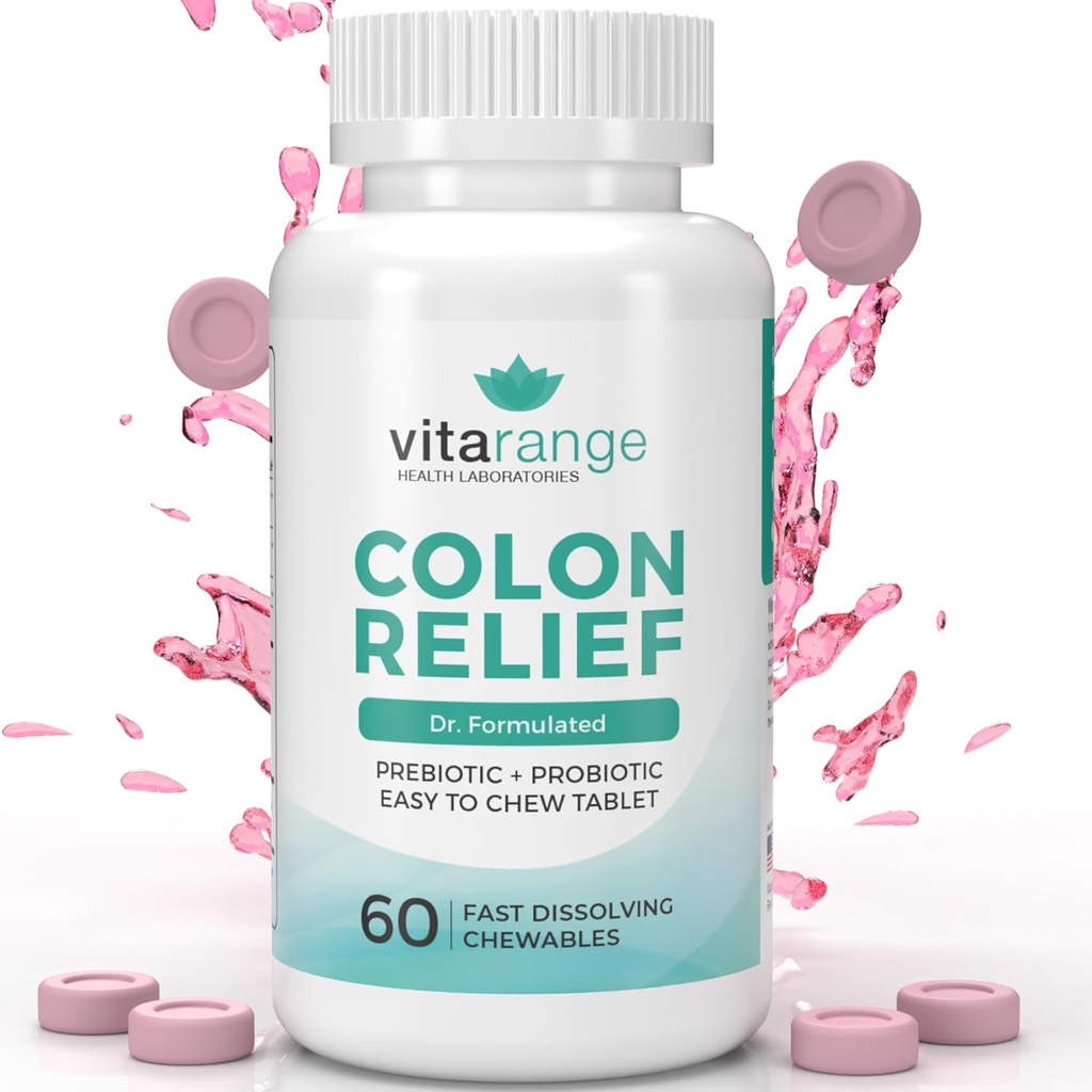 Colon Relief von VitaRange- Fast Constipation und Bloating Relief mit Sunfiber Prebiotic Fiber und Pre + Probiotics für Verdauungsgesundheit - 60 Kaubare Erdbeertabletten – Doctor Formulated Probiotics