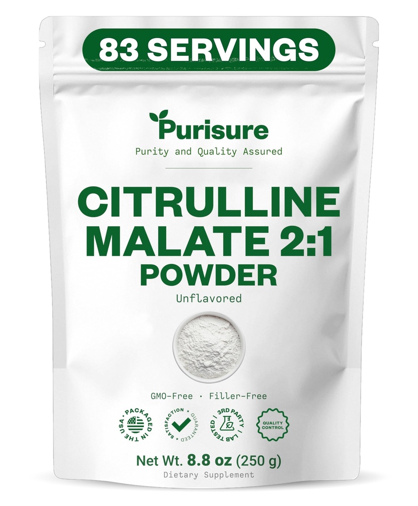 Reinheit L-Citrulline Pulver 250g, Premium Citrulline 2:1 Malat Ergänzung für Kraftleistung und Energie, Pre-Workout Citrulline Malat Pulver - Verbessern Muskelpumpen und Erholung - 83 Servietten