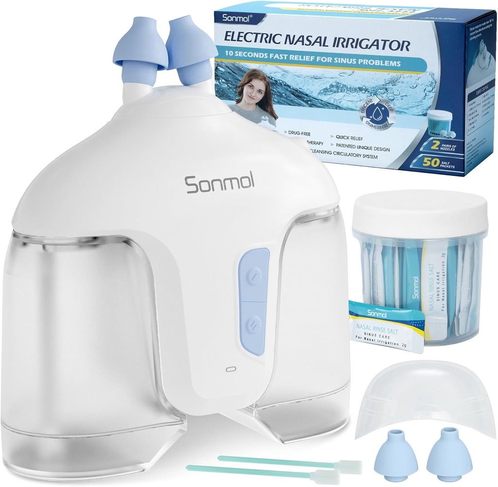 Sonmol Electric Nasal Bewässerungssystem (Nasal Bewässerung, Weiß), Nasenreiniger für Sinus Erwachsene, Selbstlernende Nasenreiniger mit 50 Packungen Saline