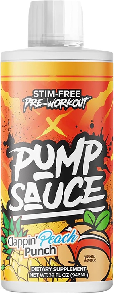 Pumpe Sauce PreWorkout - 32 oz, Clappin Peach Punch, kein Koffein, Volle Spectrum Flüssigkeit, Glutenfrei, Vegan, Zero Sugar