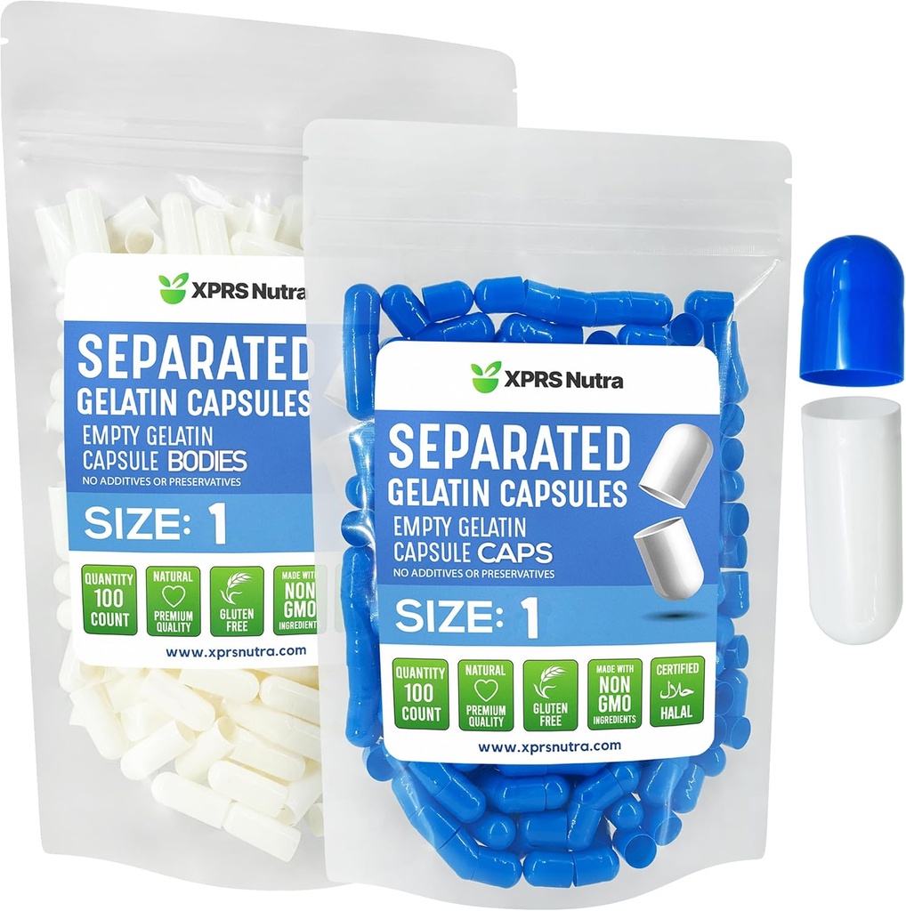 XPRS Nutra Size 1 Gelatin Separated Capsules - 100 Count Empty Pill Capsules Separated in Bags - Empty Pills for DIY Supplement Filling (Blue/White)