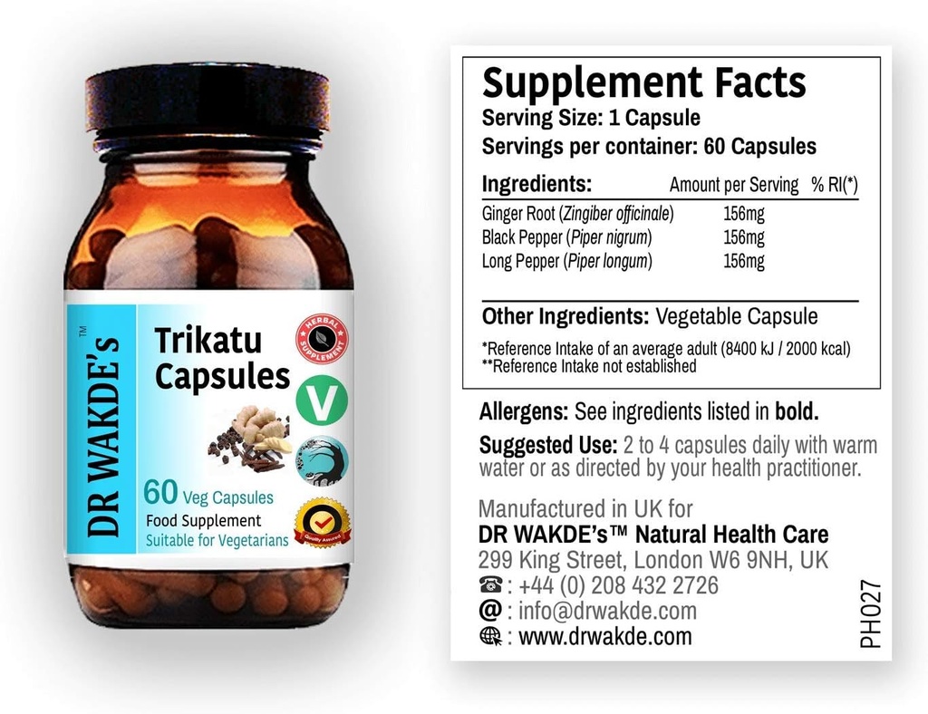 DR WAKDE Trikatu Kapseln (60 Veg Caps, Pflanzen-Based Supplement, Ayurvedic Herb, All Natural, Vegan)