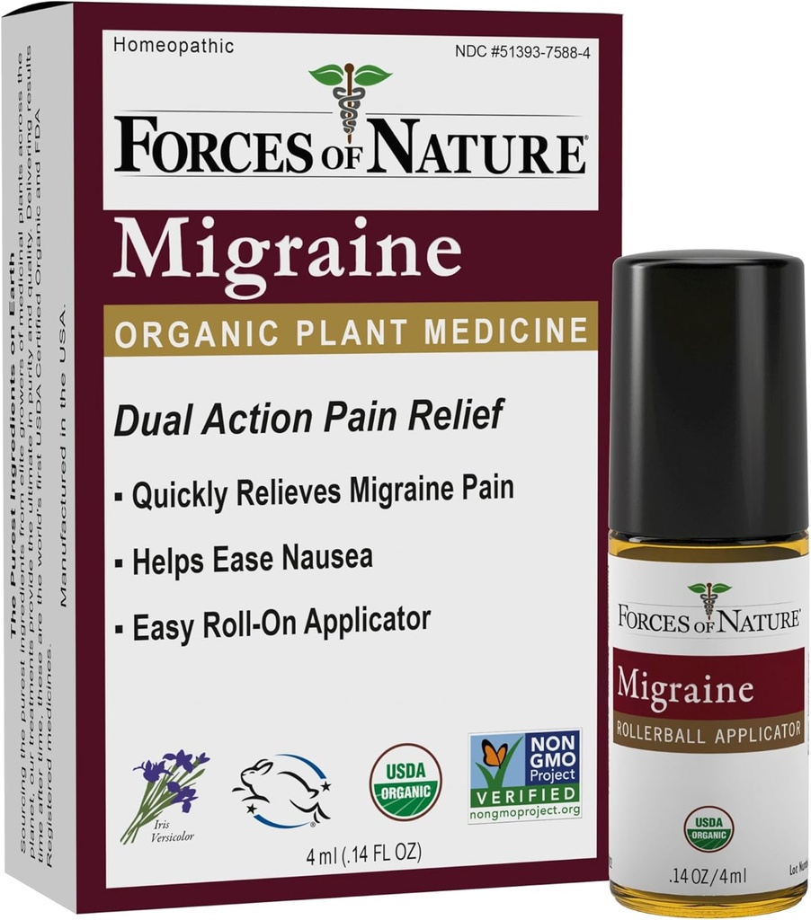 Kräfte der Natur Natürlich, Bio Migraine Schmerzen Relief topisch Roll-on, unterstützt Prodrome, Aura, Kopfschmerzen, Müdigkeit, Licht und Klangempfindlichkeit, Übelkeit verbunden mit Migraines, Non-GMO, 0.14 Fl Oz