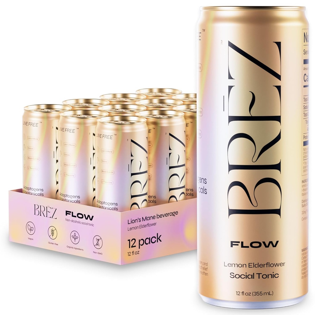 BREZ FLOW Lion's Mane Mushroom Drink, 12-Pack, Non-Infused, Adaptogene, Relieving, Uplifting und Social, Sparkling Lemon Elderflower Tonic 12 Fl oz