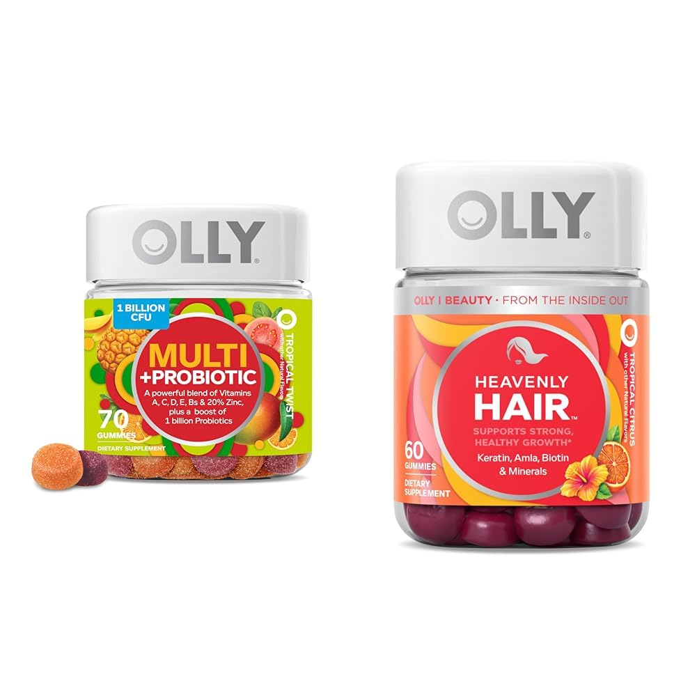 OLLY Multi + Probiotic Adult Multivitamin Gummy, 1 Billion CFUs, Verdauungs- und Immununterstützung & Heavenly Hair Gummy, Unterstützt gesundes Haar, Keratin, Biotin, AMLA, Kaubare Ergänzung, 30 Tage