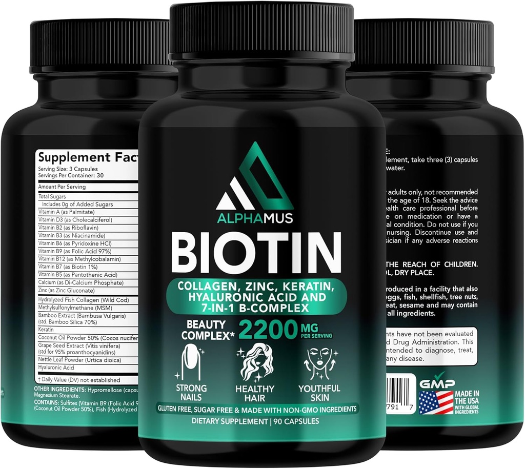 Biotin und Collagen Ergänzungen mit Keratin - Biotin 5000mcg Kapseln für Haarwachstum, Gesunde Haut & Nägel - Optimierte Mischung von Hyaluronsäure & Vitamin-B-Komplex für Frauen & Männer, 90 Kapseln