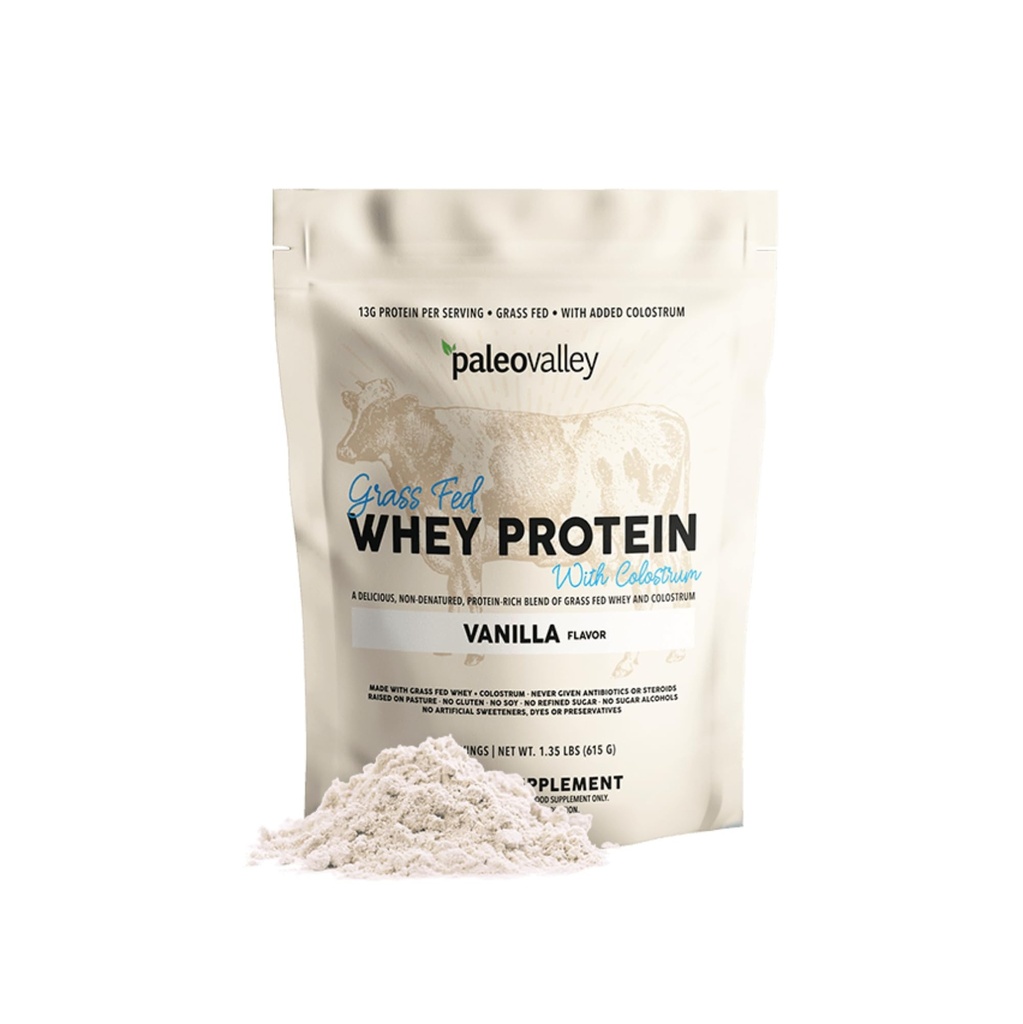 Paleovalley 100% Grassfed Whey Protein Pulver mit Colostrum, 13g Protein, Vanille, Muskelaufbau, Immununterstützung, Gut Health