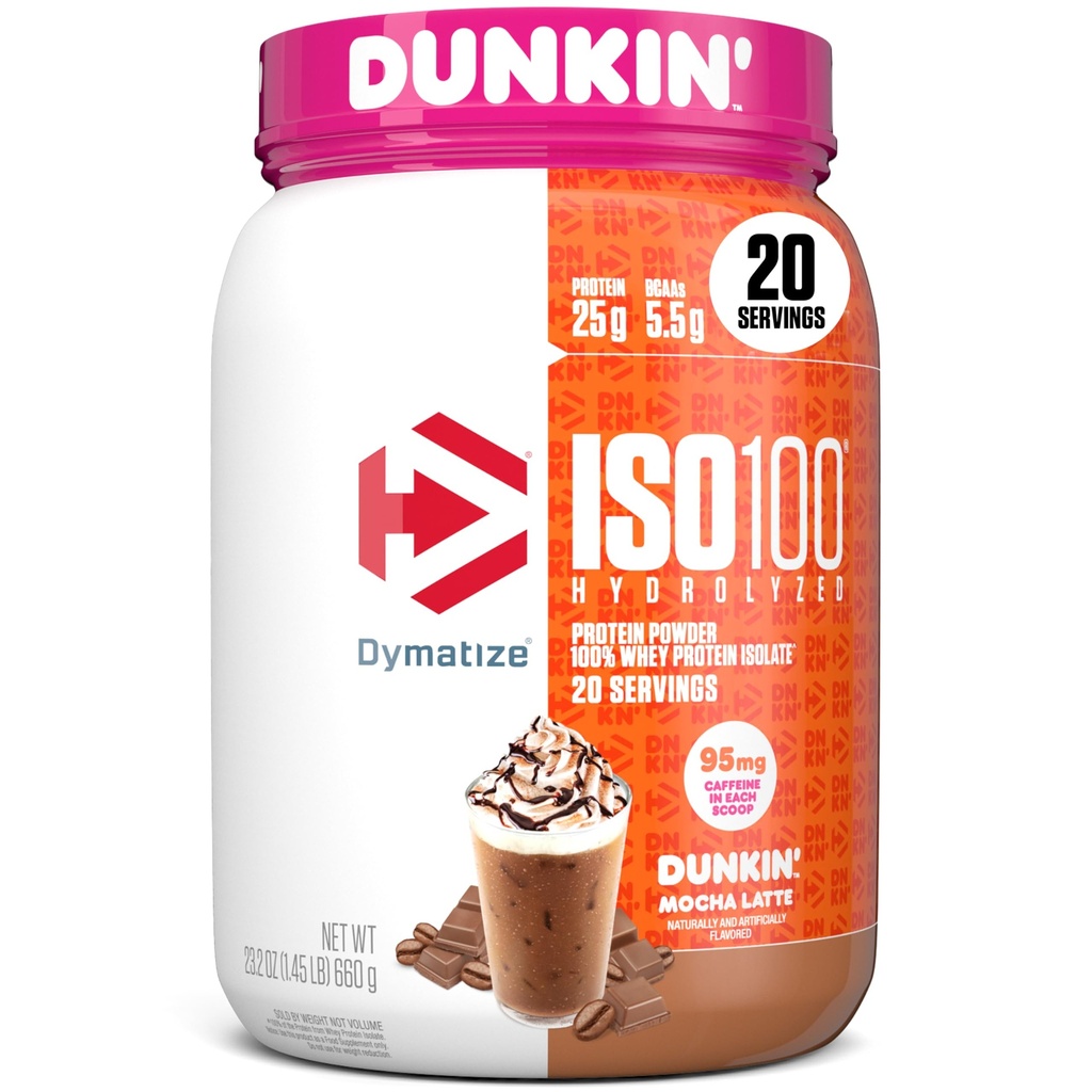 Dymatize x Dunkin' Mocha Latte ISO100 Whey Protein Powder, 95mg Caffeine, 25g Protein, 5.5g BCAAs, 120 Cal., Glutenfrei, 1g Fett, 1g Zucker, 3g Carb (20 Servierungen)