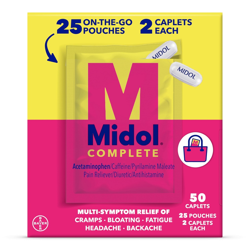 Midol Complete On The Go Caplets with Acetaminophen for Menstrual Symptom Relief, Period Cramp und Menstrual Pain Relief, 50 Count (25 Pouches of 2)