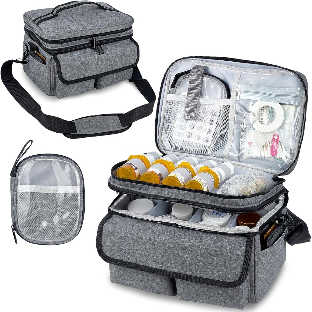 Medizinische Aufbewahrungstasche, Pill Bottle Organizer mit Schultergurt, Reisemedizin Organizer Box, Erste Hilfe Kit mit tragbarer kleiner Tasche, Medication Bottle Organizer Leere Grau