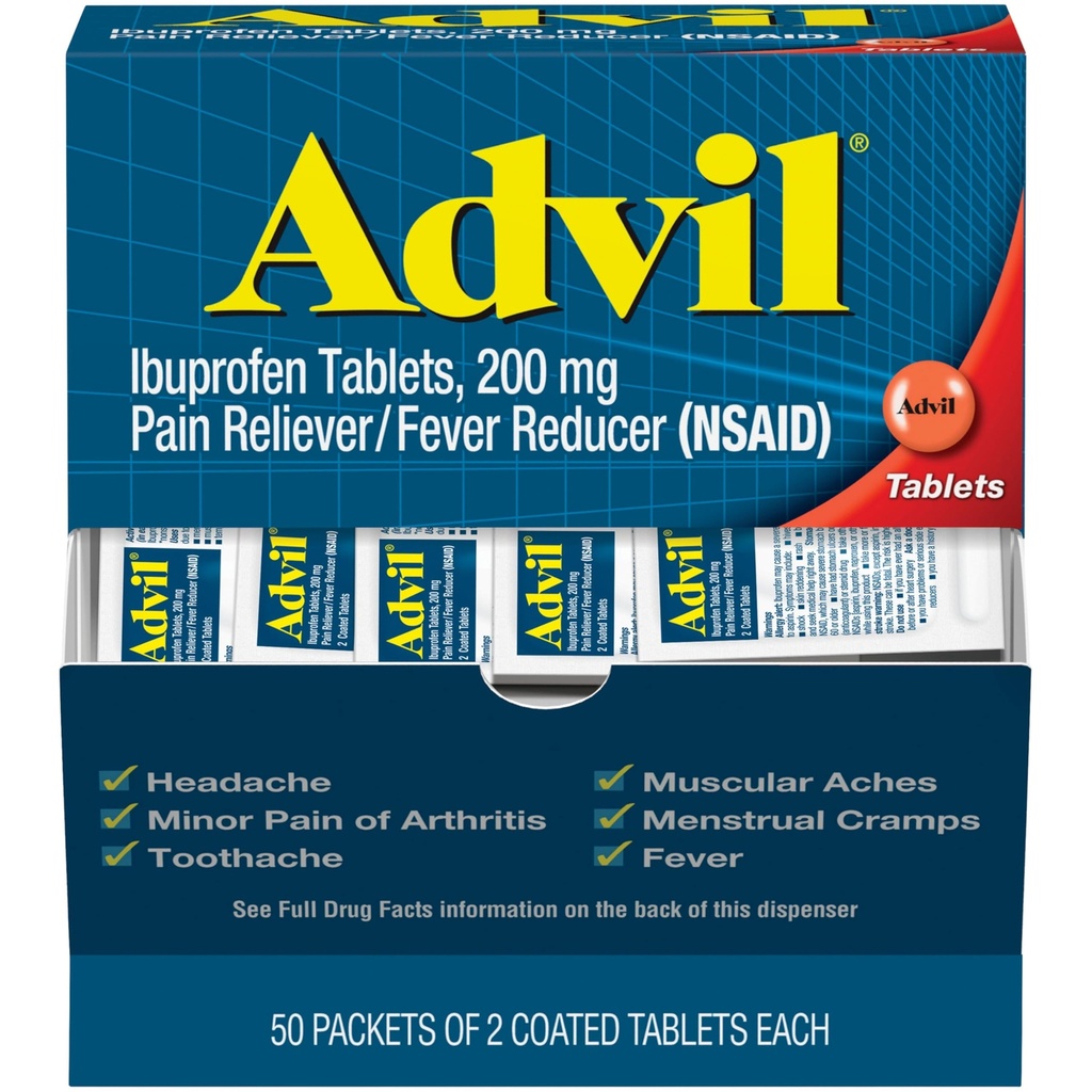 Advil Pain Reliever und Fever Reducer, Schmerzrelief Medizin mit Ibuprofen 200mg für Kopfschmerzen, Rückenschmerzen, Menstruationsschmerzen und Gelenkschmerzen Relief - 50x2 beschichtete Tabletten
