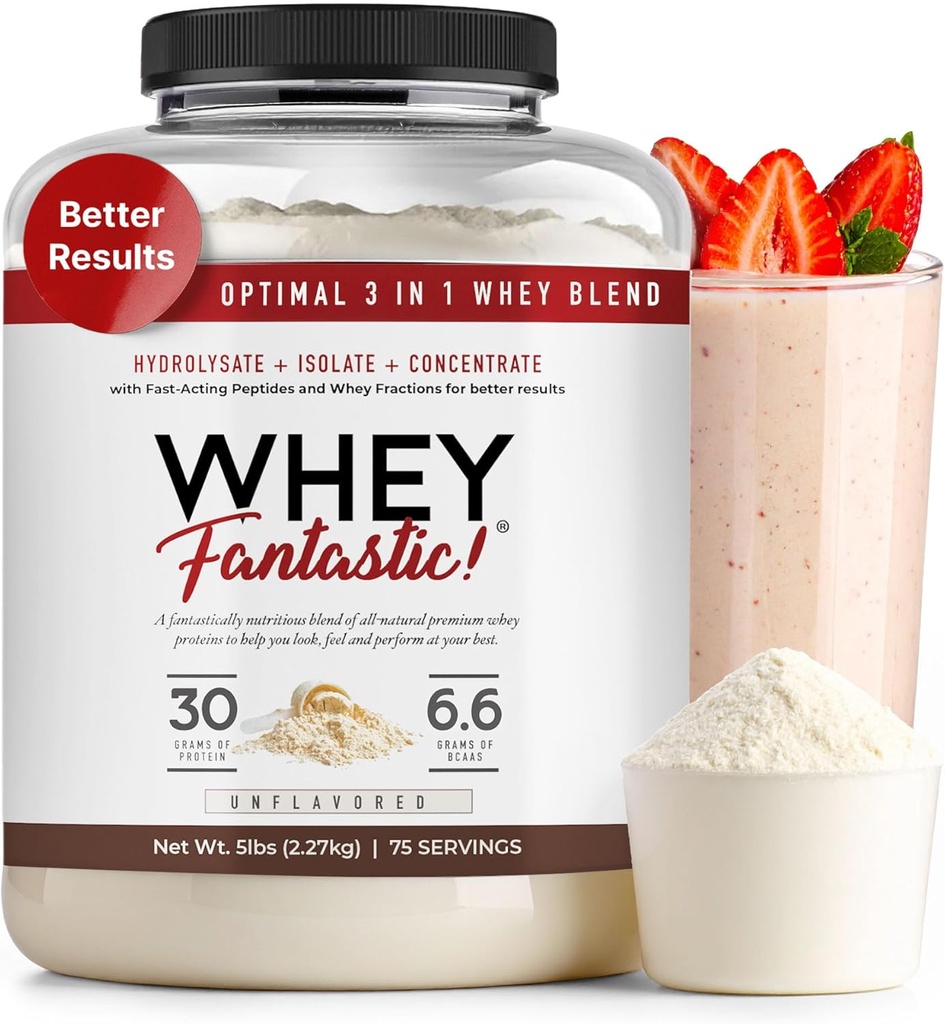 3-in-1 Whey Protein Powder Unflavored 5lb – 30g Grass-Fed Protein aus Whey Hydrolysat, Isolat und Konzentrat pro Portion – Non-GMO, Soy-Free, Sugar-Free – 63 Servierungen