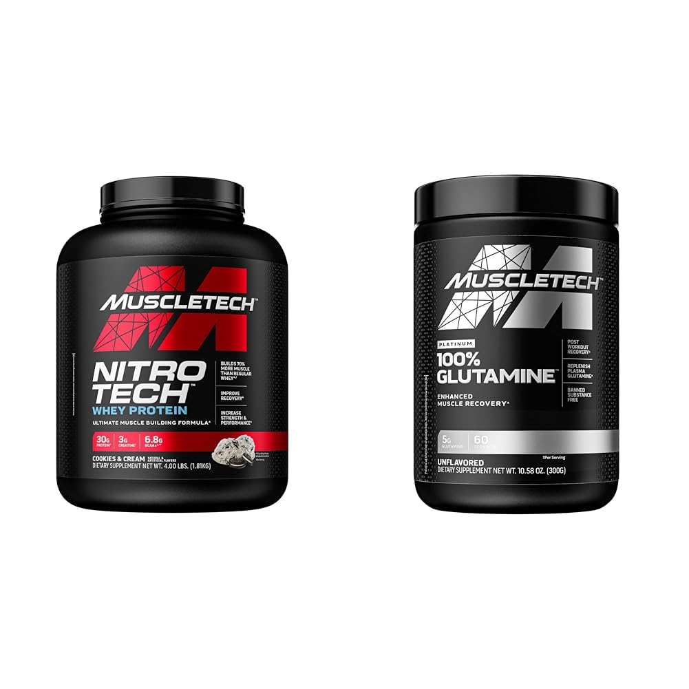 Muscletech Whey Protein Pulver Nitro-Tech Whey Protein Isolat & Glutamin Pulver 100% reines L Glutamin Pulver | Post Workout Recovery Drink | L-Glutamin Pulver