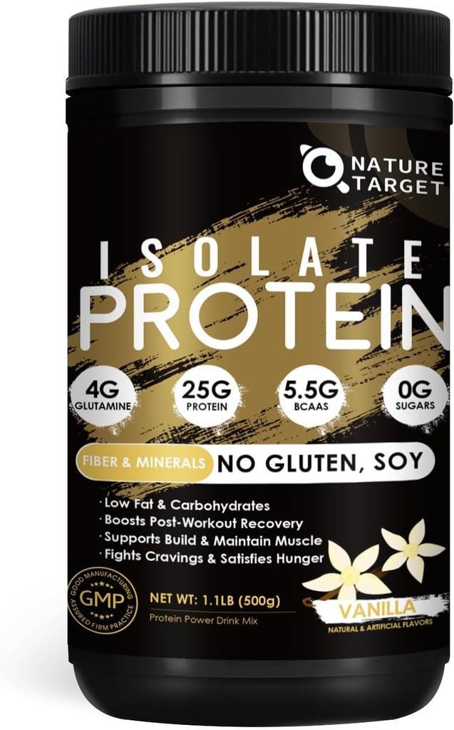 NATURE TARGET Isoliert Whey Protein Pulver Vanille, 25g Protein Low Carb Sugar-Free & Gluten-Free, 5.5g BCAAs, Rich in Fibers & Minerals, 1.1 Pound, 16 Servietten