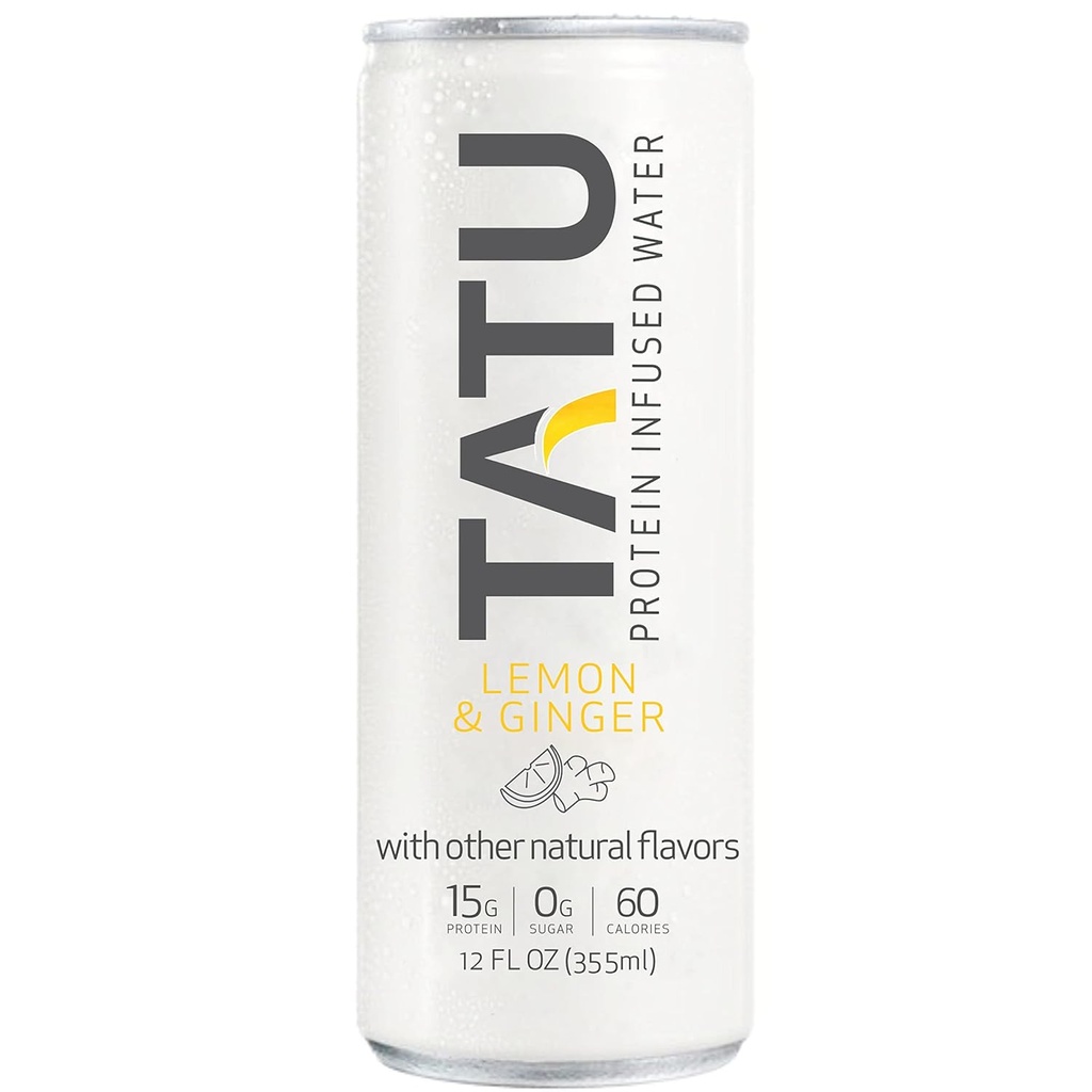 TATU Ready-To-Drink Protein Infused Water Lemon Ginger 24 Pack. 15 Gramm Molkeproteinisolat, 0 Gramm Zucker, nur 60 Kalorien. Lemon Ginger und Orange Mango. Glutenfrei, Laktose frei.