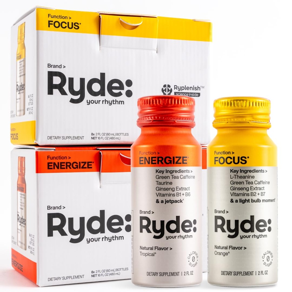 RYDE Shots | Energize + Fokus | Essential B Vitamine und Caffeine| Zero Calories, Zero Sugar | Pack von 16