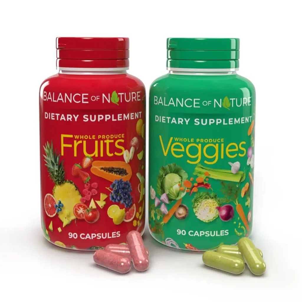 Balance of Nature Fruits and Veggies Supplements - Ganze Obst und Gemüse Zutaten für Frauen, Männer und Kinder - 90 Fruchtkapseln, 90 Veggie Kapseln - 1 Set