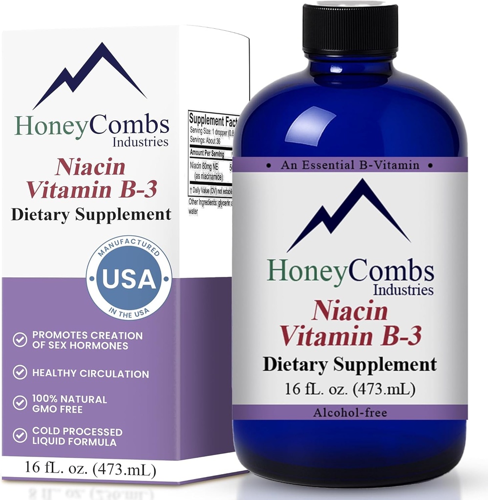 HoneyCombs Vitamin B3 Niacin Ergänzung Flüssigkeitstropfen - Hohe Potenz Vitamin B3 Flüssigkeitstropfen für Männer und Frauen - Pflege Verdauungssystem, Haut, Tongue, Energie und mehr - Vegan Niacin Drop (16 Fl oz)