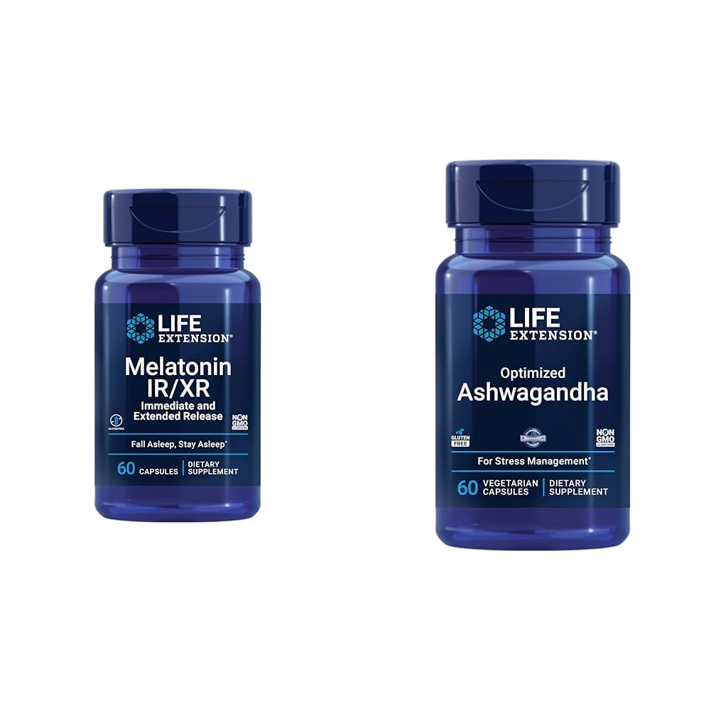 Life Extension Melatonin IR/XR & Optimierte Ashwagandha - Schlaf, Stress, Fokus, Gedächtnis - 60 Kapseln