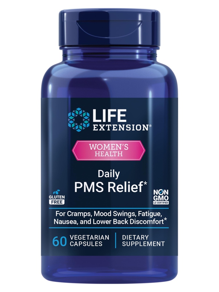 Life Extension Daily PMS Relief, Menstrual Comfort Supplement, PMS-versetzte Kramps, Untere Rückenbeschwerden, Mood, Ginger, Magnesium, B6, Glutenfrei, Non-GMO, 60 Kapseln