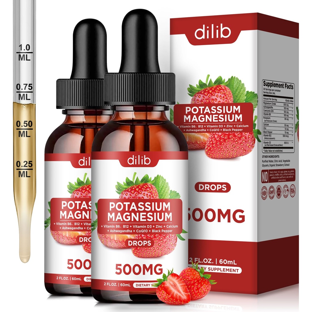 Kalium-Magnesium-Zitrat-Ergänzung, flüssiges Magnesium-Zitrat Tropfen 500mg mit Ashwagandha, Calcium, Zink, Vitamin D3, B6, B12, CoQ10 - Unterstützung Calm & Knochen & Muskel & Immune Gesundheit Vegan 2 Pack