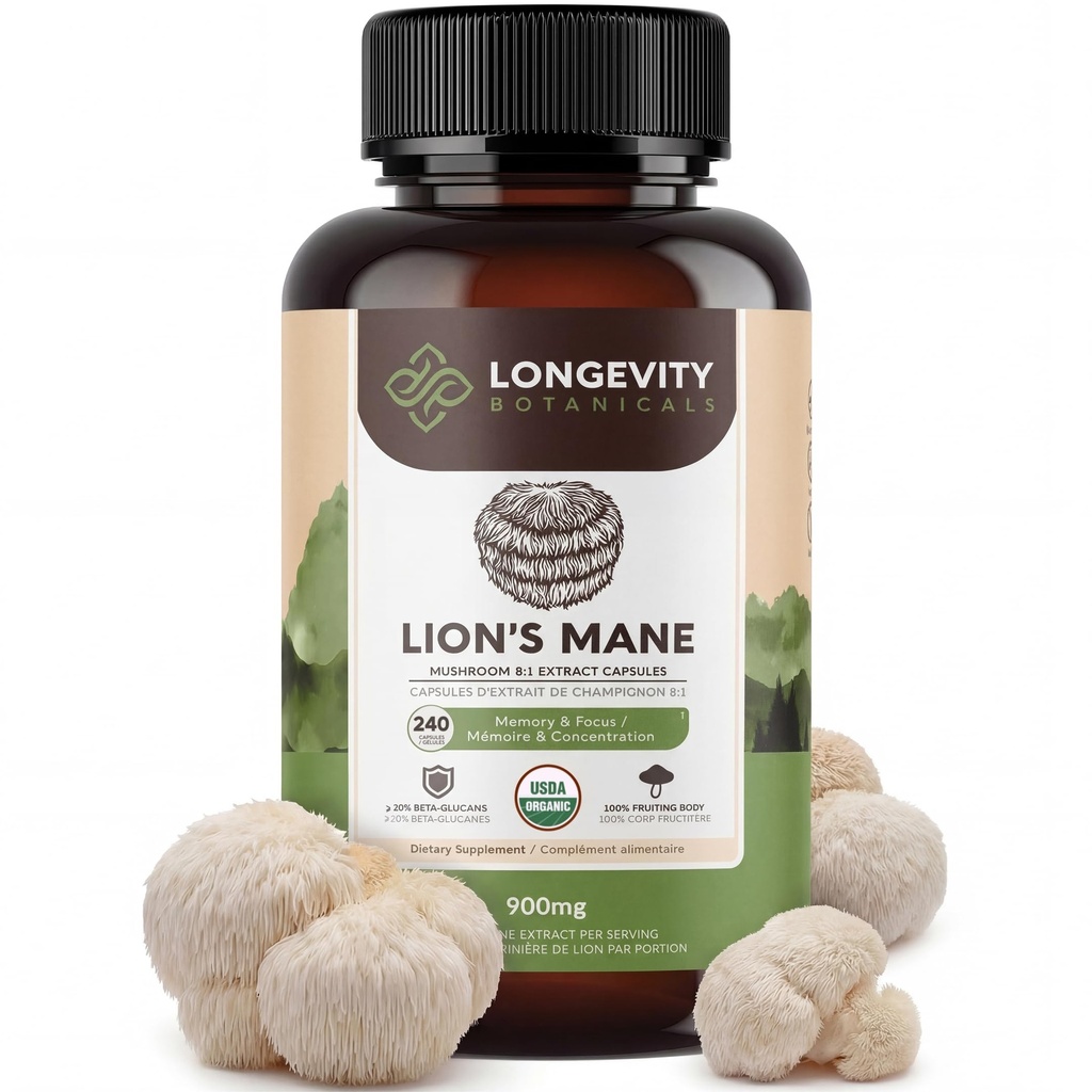 Longevity Botanicals Lion’s Mane Mushroom Extract Capsules (240) | Konzentrat 8:1 Ratio | 100% Fruchtkörper | Hericium Erinaceus Nootropic Supplement for Focus, Memory & Brain Support