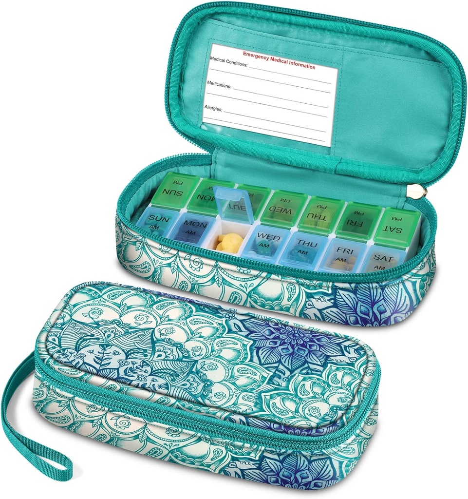 FINPAC Wöchentliche Pille Organizer, Reise Pille Fall 7 Tag AM/PM Medizin Container und Spender zweimal eine Tag Pille Box mit Notfallkarte für medizinische Nahrungsergänzungen, Vitamine (Emerald Illusions)