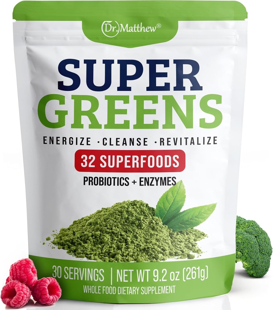 Green Juice Powder. Supergreens Superfood Powder. Detox Greens für Bloating und Verdauung. Veggie Pulver mit Probiotics & Enzymes. Chlorella, Spirulina, Weizengras, Ashwagandha. 32 Superfoods