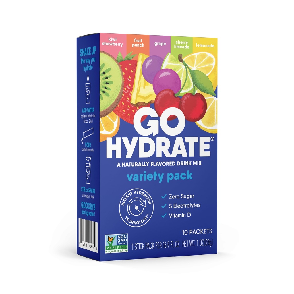 GoHydrate Instant Hydration Powder Packets - Low Sodium Electrolytes Drink Mix - Natürliche Hydration Unterstützung, Sugar Free Electrolyte Flavored Powder Drink mit Vitamin D, 10 Packungen, Mixed