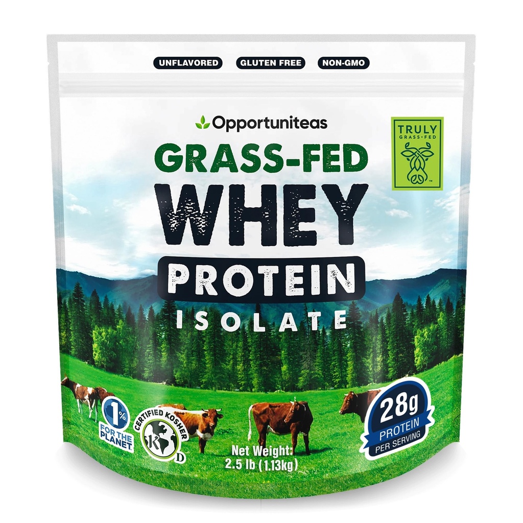 Opportuniteas Grass Fed Whey Isolate Protein Powder - Unflavored 28g Protein Pulver ohne künstliche Süßungsmittel, Hormonfreie Cows, Non GMO - 2.5lb