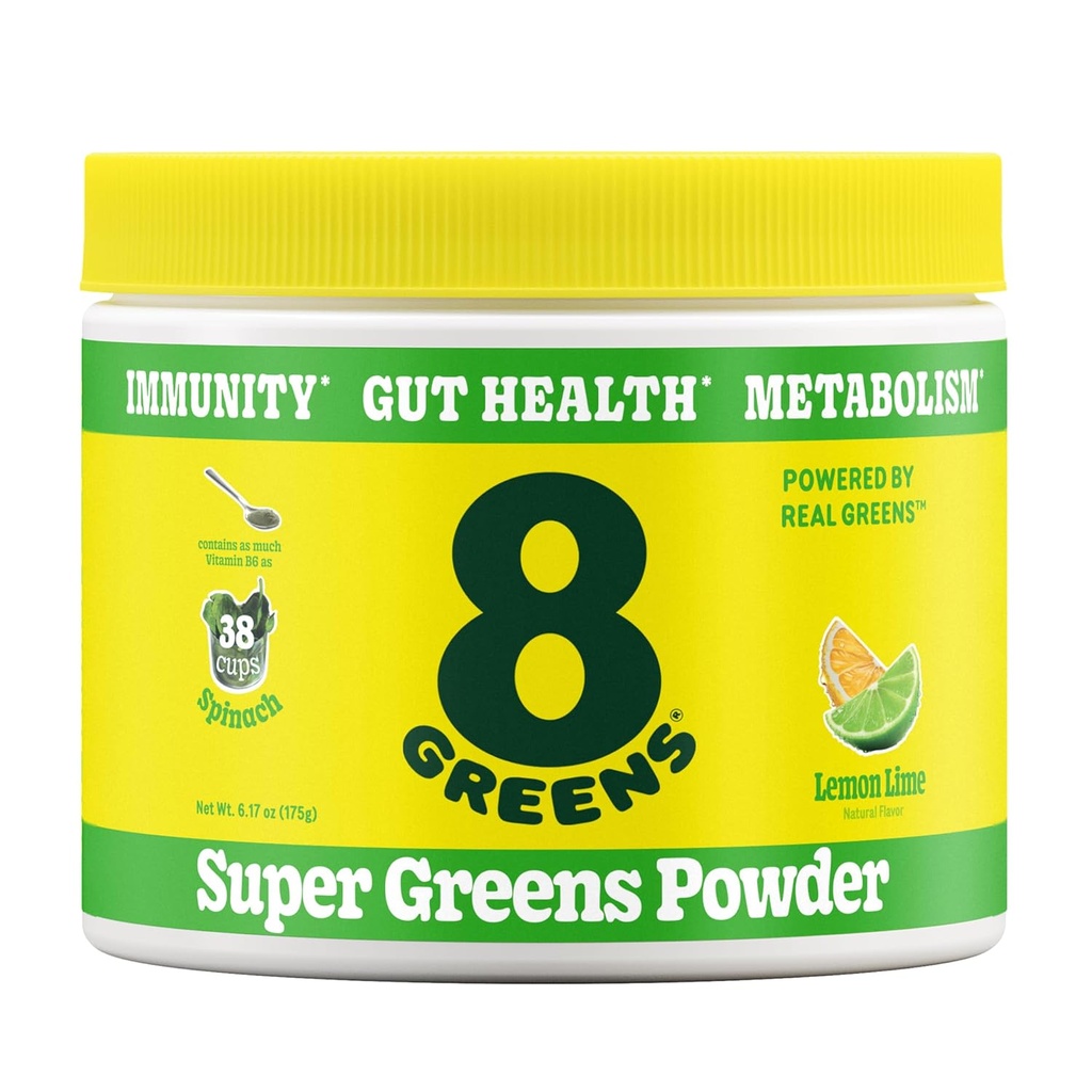 8Greens Super Greens Powder | Prebiotic & Probiotic Blend Superfoods for Gut Health, Metabolism, Debloating, with Fiber, Digestive Enzymes, Organic: Spirulina, Chlorella, Zitronenlime, 25 Servierungen