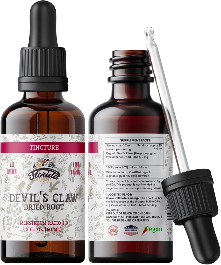 Devil's Claw Tincture Alcohol Free Organic Extract (Harpagophytum Procumbens) Herbal Supplement, Non-GMO in Kaltgepresstem Bio Gemüse Glycerin, 700 mg, 2 Unzen (60 ml)