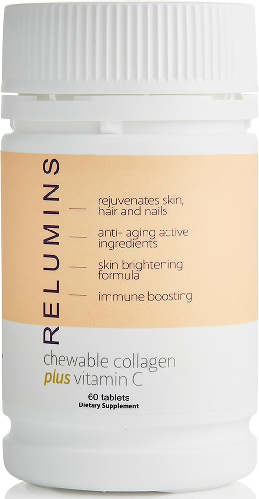 Relumins Collagen Ergänzungen für Frauen & Men Collagen Kaubar mit Silk Peptide, Hyaluronsäure, CoQ10, & Vitamin C & E - 60 Peach-Flavored Collagen Supplement Tabletten pro Flasche