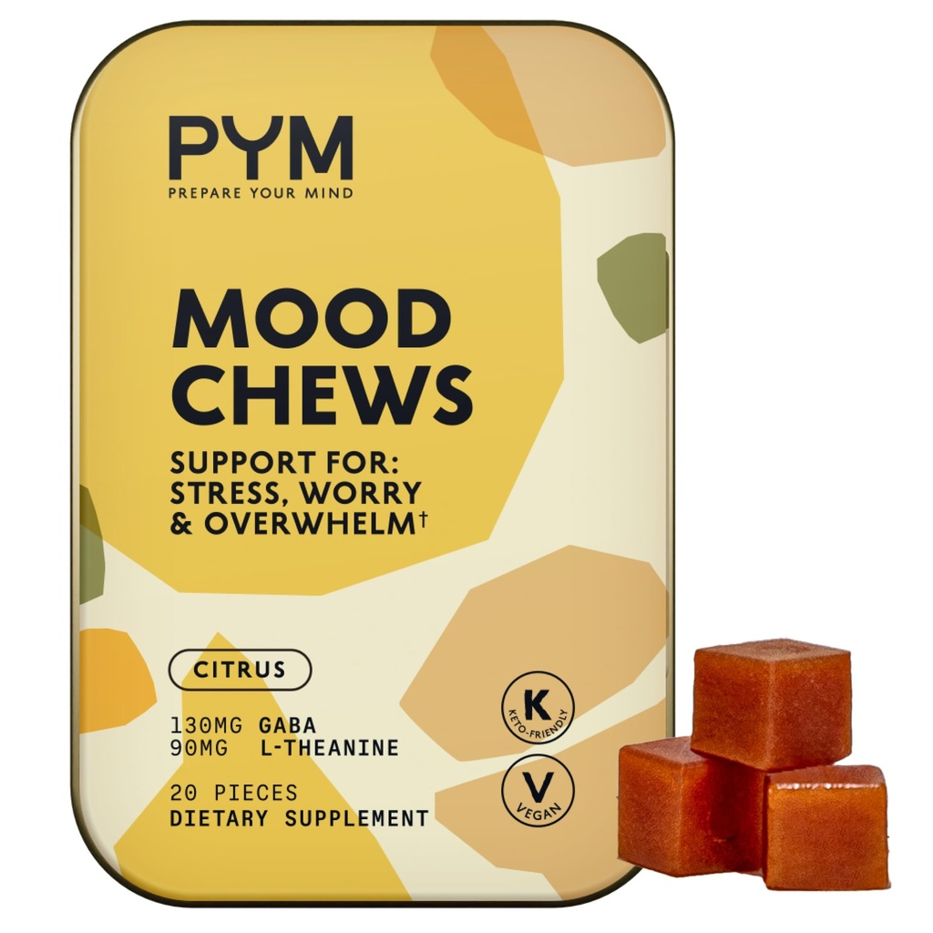PYM Citrus Mood Chews Unterstützung für Stress, Worry & Overwhelm, 20 Count | 130mg GABA, 90mg L-Theanine | Vegan, Non-GMO, Gluten-Free, kein Hinzugefügt Zucker | All-Natural Mood Balance Supplement Made in USA