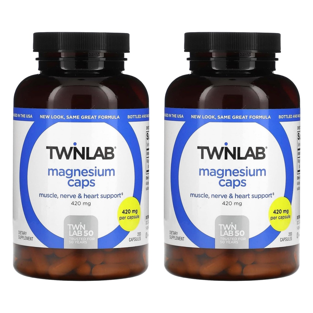 Twinlab Magnesium Caps - High Absorption Magnesium Supplement to Support Leg Cramps Relief - Magnesium Capsules for Stress Relief, 420 mg, 200 Count - 2 Pack