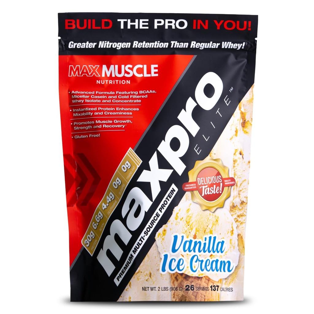 Max Muscle Maxpro Elite Whey Protein Pulver | 30g Protein | 0g Zucker | 6.6g BCAAs | Micellar Casein Cold Filtered Whey Isolate Protein | Fördert Muskelwachstum & Erholung (Vanilla Ice Cream 2lb)