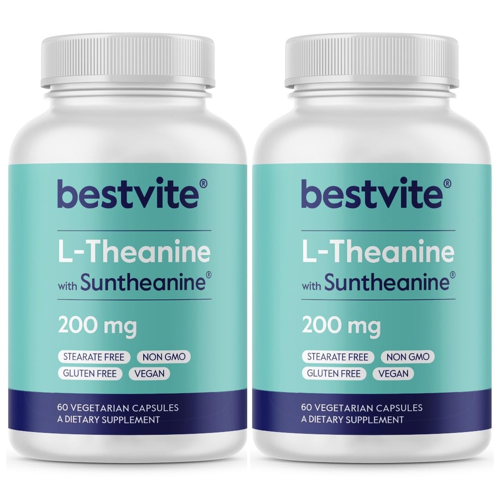 BESTVITE Double Strength Suntheanine L-Theanine 200mg – Patented & Clinically Studied – 120 Vegetarian Capsules (2 x 60) – Vegan – No Stearates – Non GMO – Gluten Free – Relaxation Support