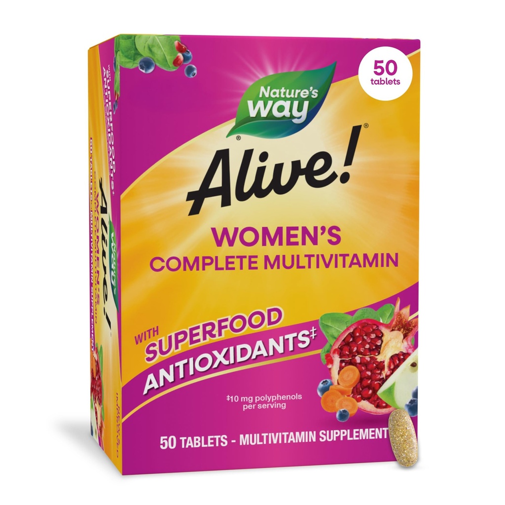 Nature's Way Alive! Täglich komplette Multivitamin für Frauen, unterstützt Energie Metabolismus, Haar, Haut und Nägel*, B-Vitamine, Superfood Antioxidantien, 50 Tabletten (Packaging May Vary)
