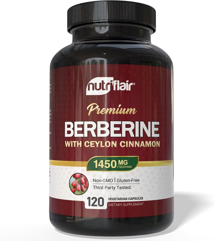NutriFlair Berberine mit Ceylon Cinnamon 1450mg Supplement – 120 Kapseln | Hohe Potenzformel mit Berberine HCl & Organic Ceylon Cinnamon | Non-GMO, Vegan, Gluten-Free