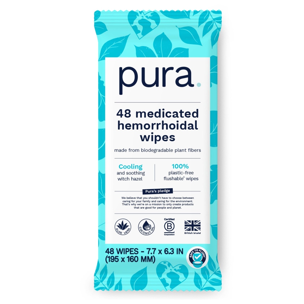 Pura Flushable Hämorrhoid Wipes XL, 48 Count, mit Cooling Witch Hazel, Aloe & Coconut Oil, Fast Relief, Duftfrei, 100% kunststofffrei