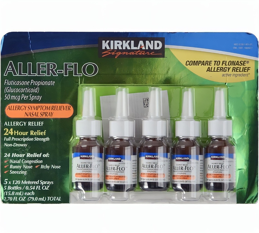 KIRKLAND Signatur Aller-Flo Fluticasone Propionate (Glucorticoid) 5 Flaschen x 120 Metered Sprays 0.54 Fl OZ pro Flasche (15.8 mL x 5) 2.70 OZ Gesamt (79 mL Gesamt) 600 Gesamtsprays Gesamt, 1-Pack