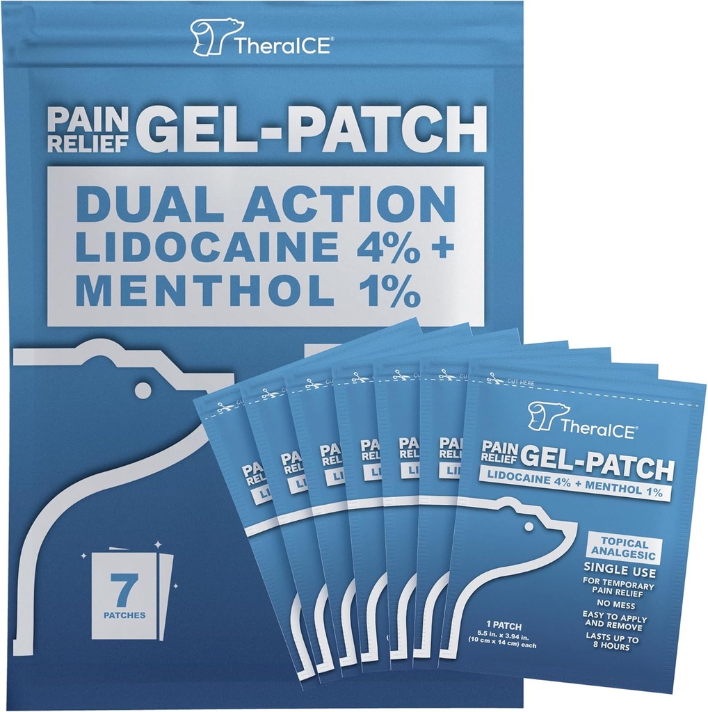 TheraICE Lidocaine Patches Plus Menthol – Maximale Stärke Heiß & ICY Kalte Relief für Rücken, Hals &amp; Schulter Schmerzen – 4% Lidocaine + 1% Menthol, Große Größe (7 Zähler)