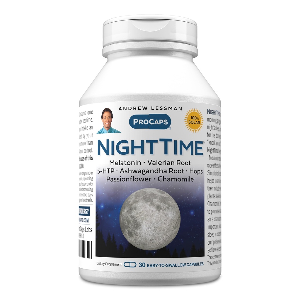 ANDREW LESSMAN Nachtzeit 30 Kapseln - 3mg Melatonin, Valerian, Ashwagandha, Passionflower, Hopfen, Kamille. Kein Morgen Grogginess. Natürliche Unterstützung, sanfter Ruheschlaf. Einfach zu Swallow Kapseln